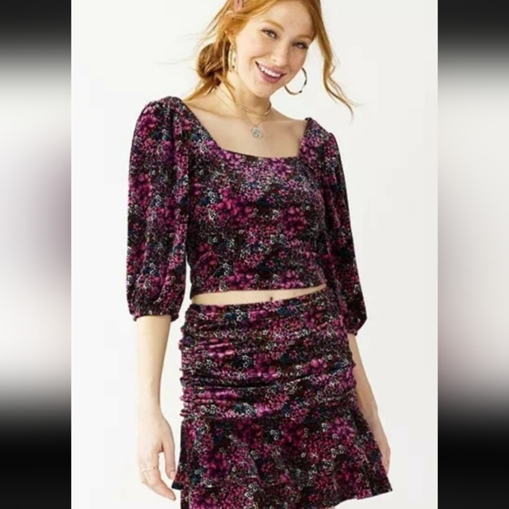 SO Floral Velvet Puff Sleeve Top & Rouched Skirt Set Medium Pink Baddie Girlie